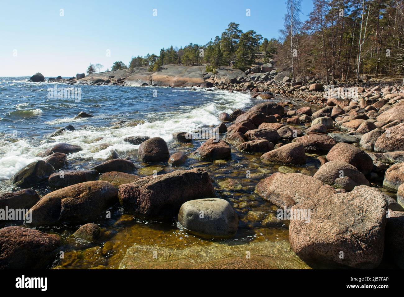 View of rocky seashore at Varlaxudden recreation area, Finland. Stock Photo
