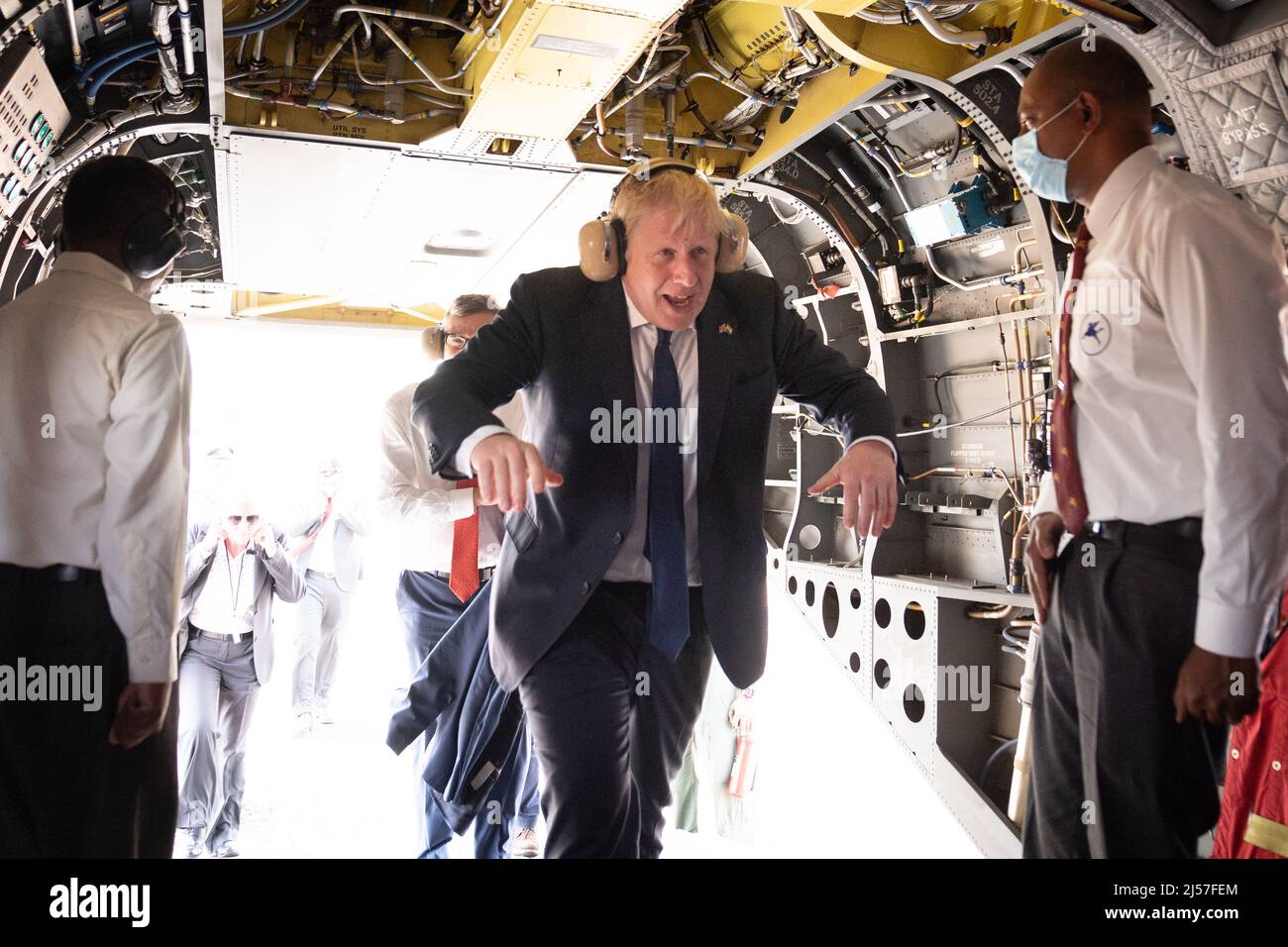 Prime Minister Boris Johnson boards an Indian military Chinook helicopter in Ahmedabad for a flight to the JCB factory at Vadodara in India's Gujarat state. See PA story POLITICS India. Photo credit should read: Stefan Rousseau/PA Wire Stock Photo