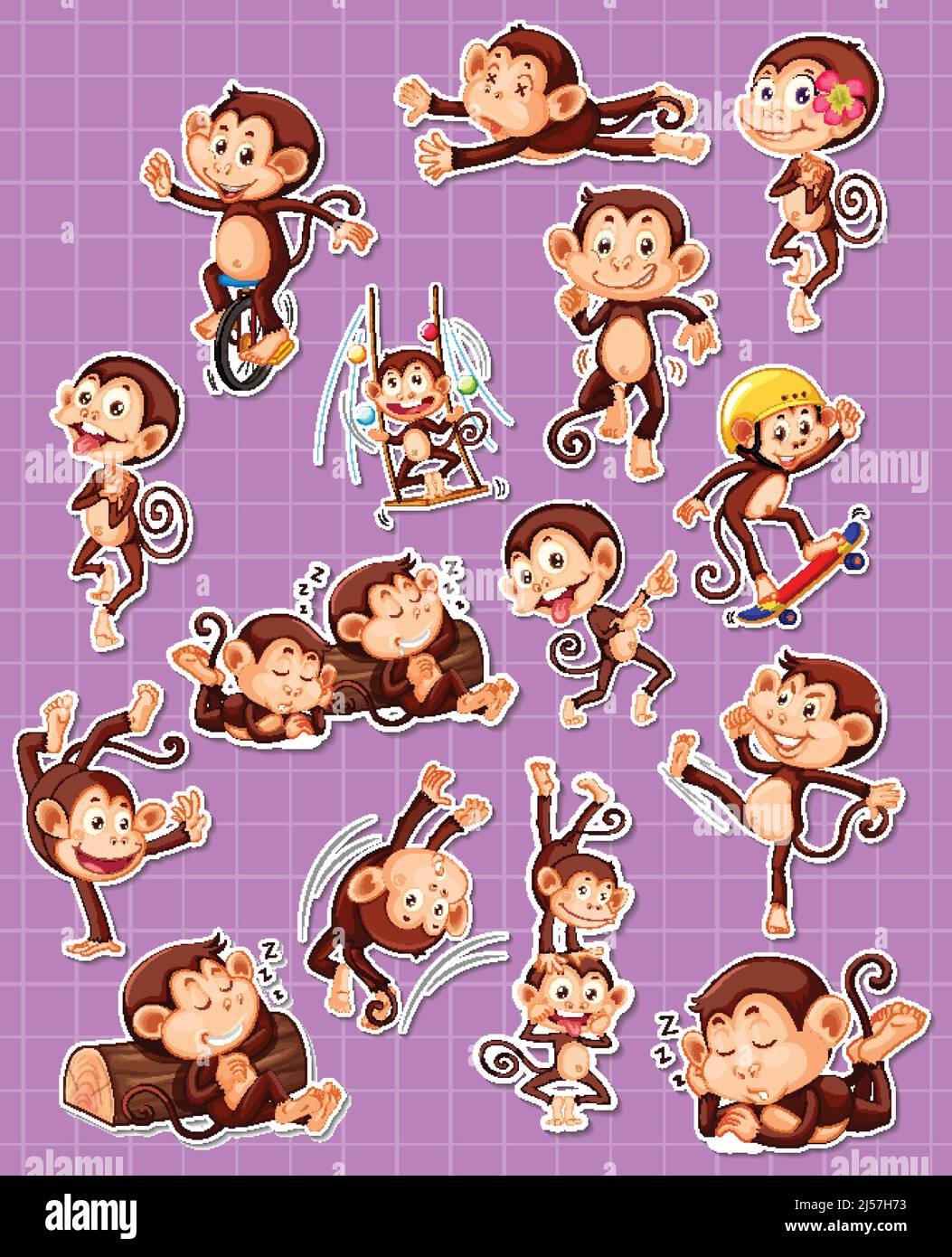 Sticker set of funny monkey cartoon characters illustration Stock ...