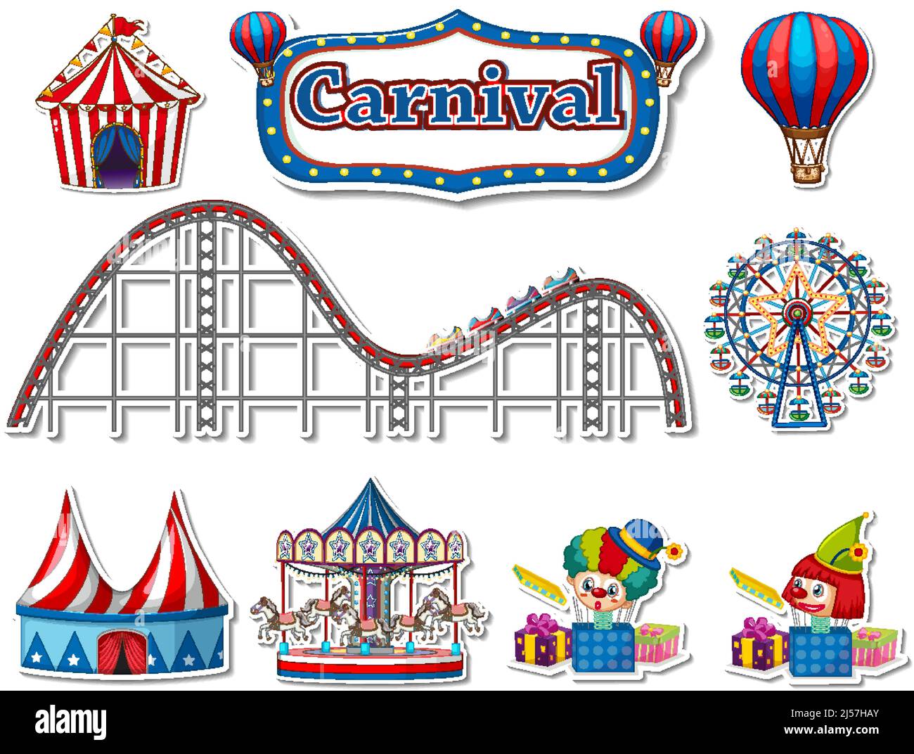 Sticker set of amusement park objects and cartoon characters ...
