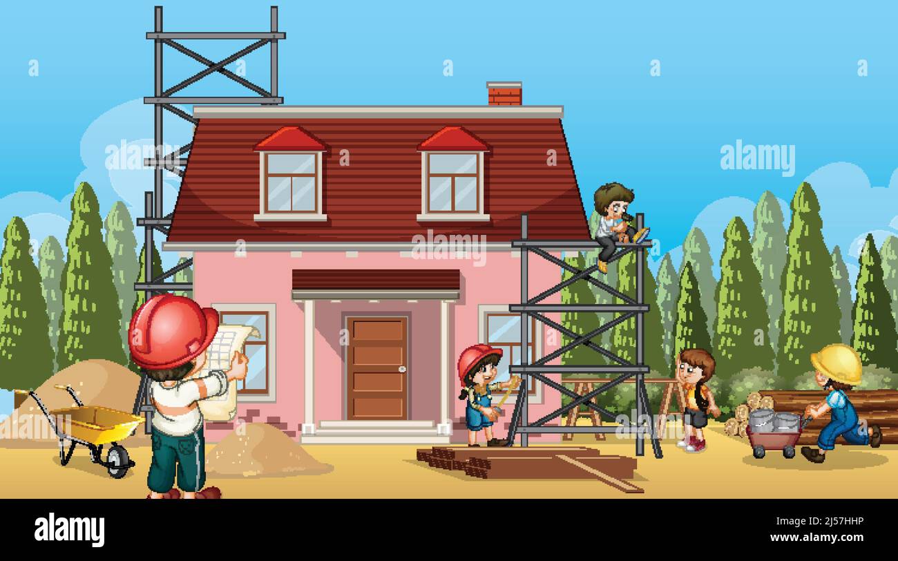 Building house construction site and workers illustration Stock Vector ...