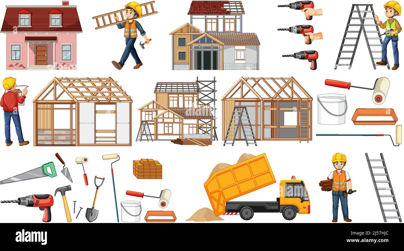 Set of construction site objects illustration Stock Vector