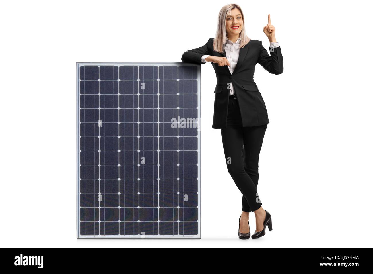 Full length portrait of a professional woman leaning on a solar panel ...
