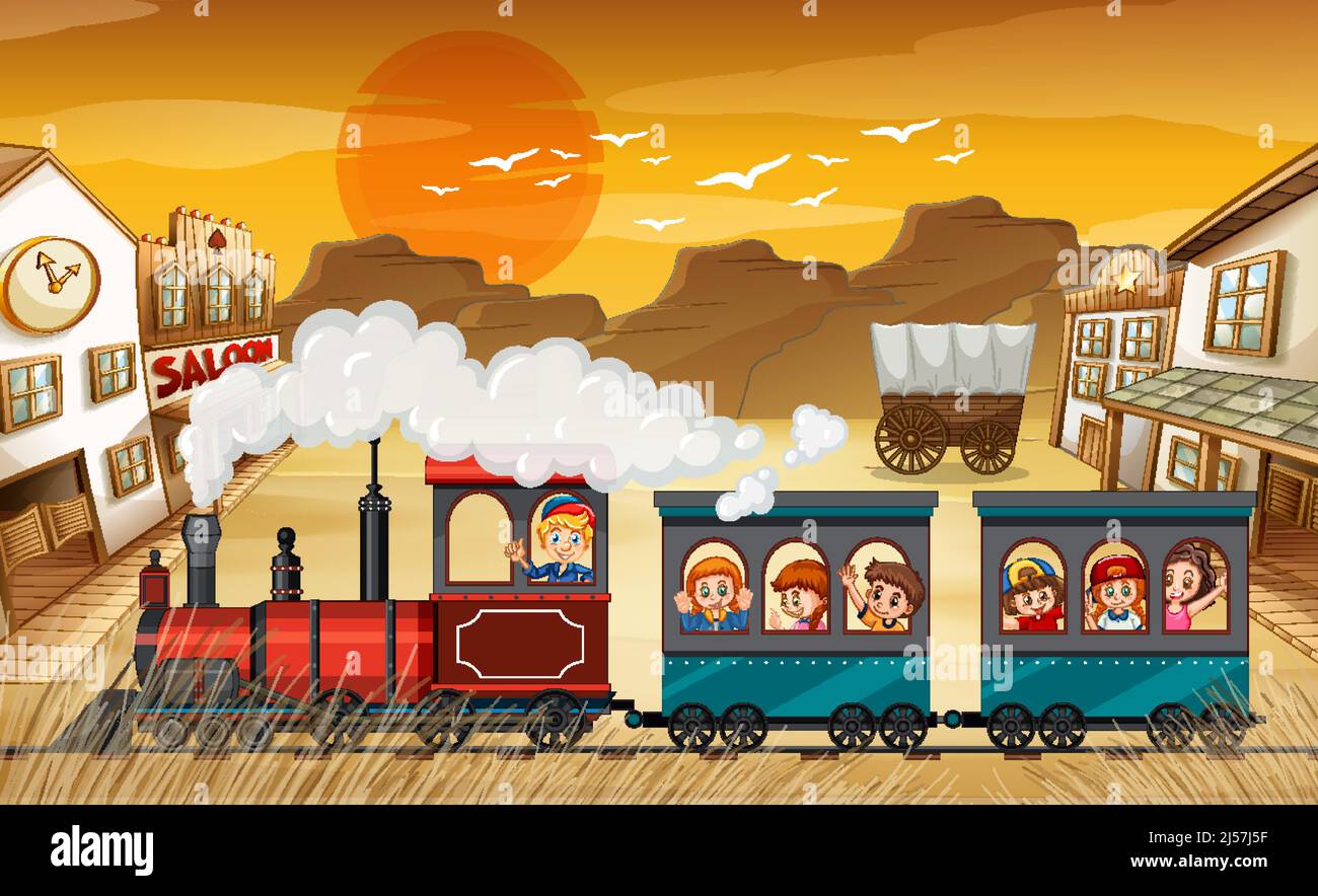 Train riding with children at sunset illustration Stock Vector Image ...