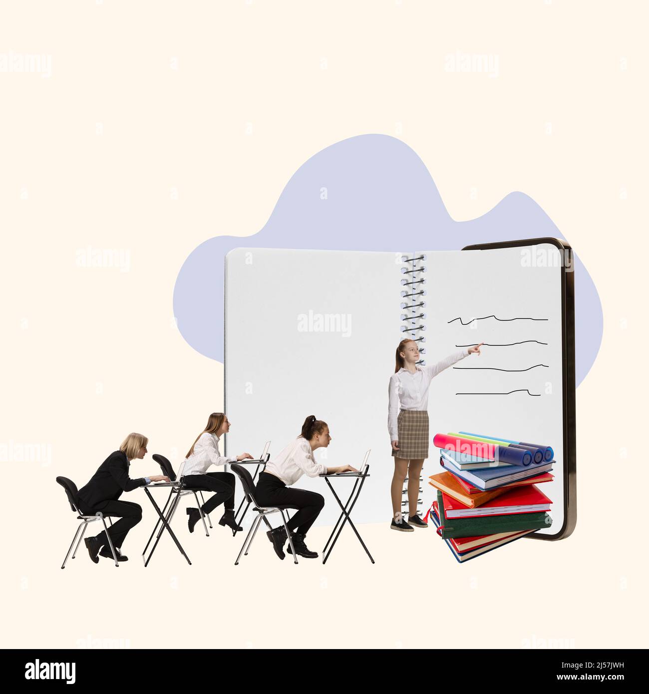 Contemporary art collage. Young people having lesson, offlline course