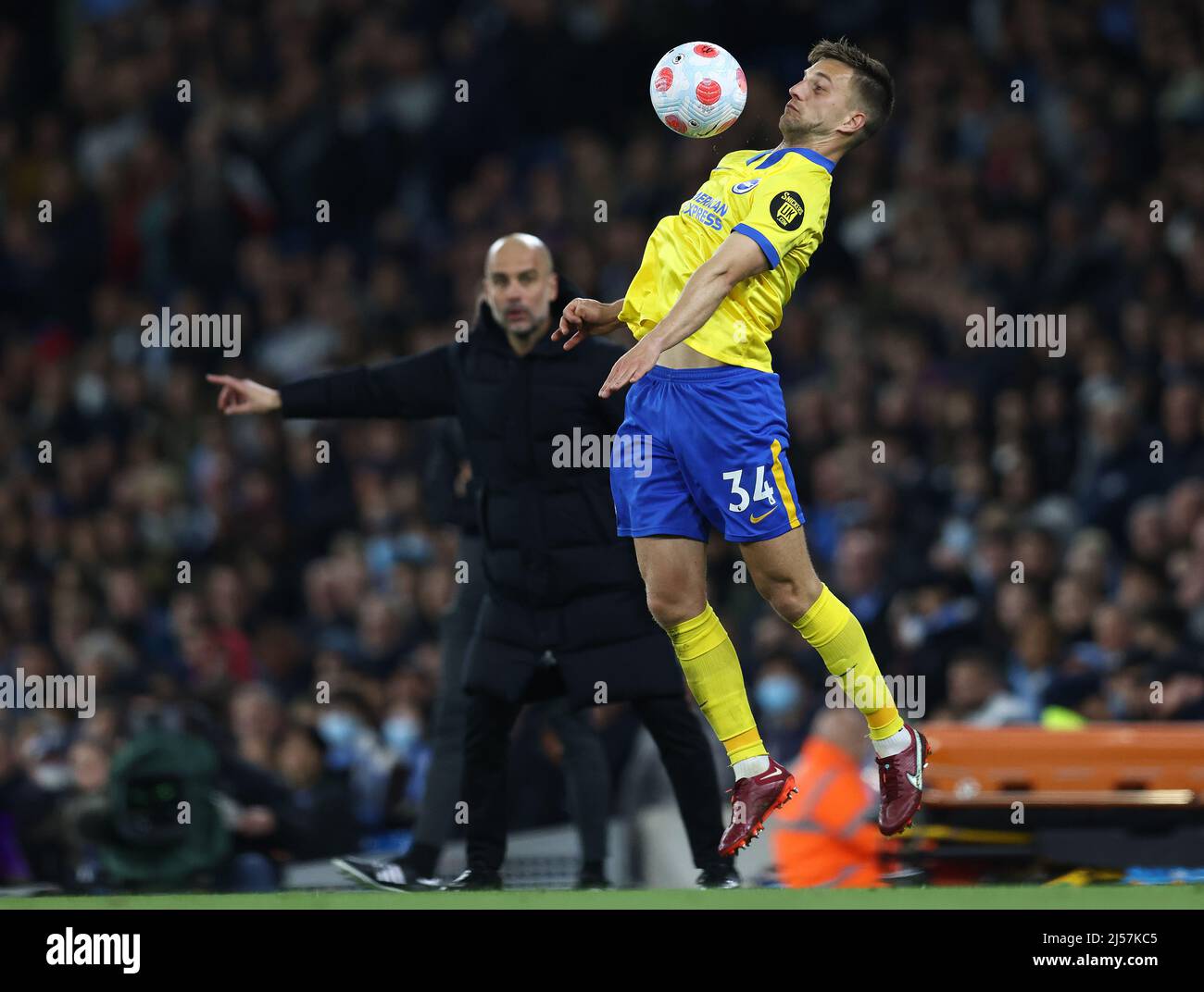 Manchester, England, 20th April 2022.  Joel Veltman of Brighton during the Premier League match at the Etihad Stadium, Manchester. Picture credit should read: Darren Staples / Sportimage Stock Photo