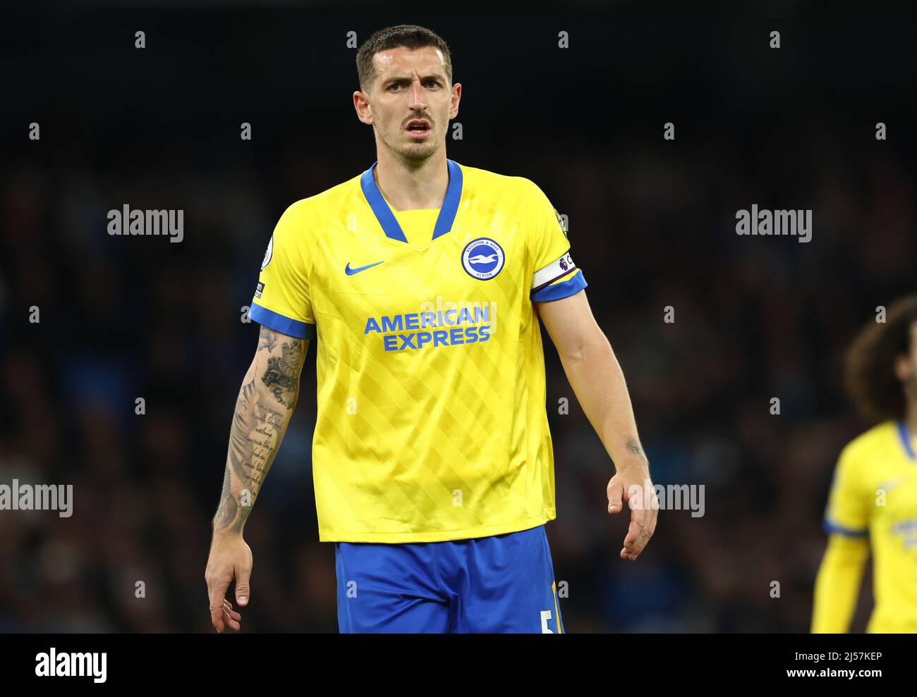 Manchester, England, 20th April 2022. Lewis Dunk of Brighton during the Premier League match at the Etihad Stadium, Manchester. Picture credit should read: Darren Staples / Sportimage Stock Photo