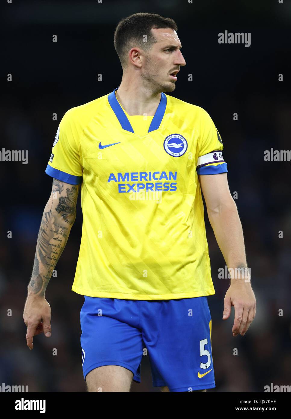 Manchester, England, 20th April 2022. Lewis Dunk of Brighton during the Premier League match at the Etihad Stadium, Manchester. Picture credit should read: Darren Staples / Sportimage Stock Photo