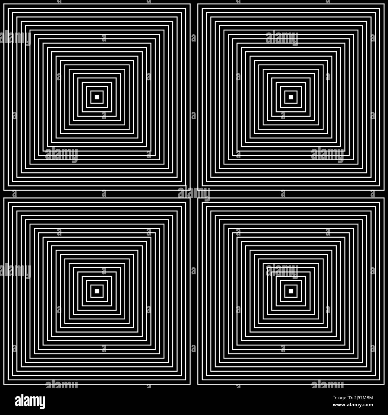 Op Art squares in black an white with diagonal lines making an optical illusion of pyramids or tunnel. Hypnotic banner, vector background Stock Vector
