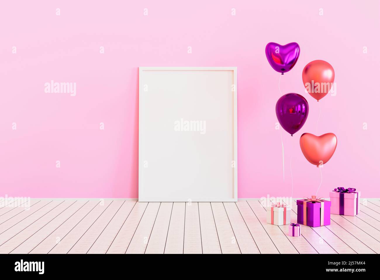 Poster mock up with pink glossy 3d realistic balloons in heart shape ...
