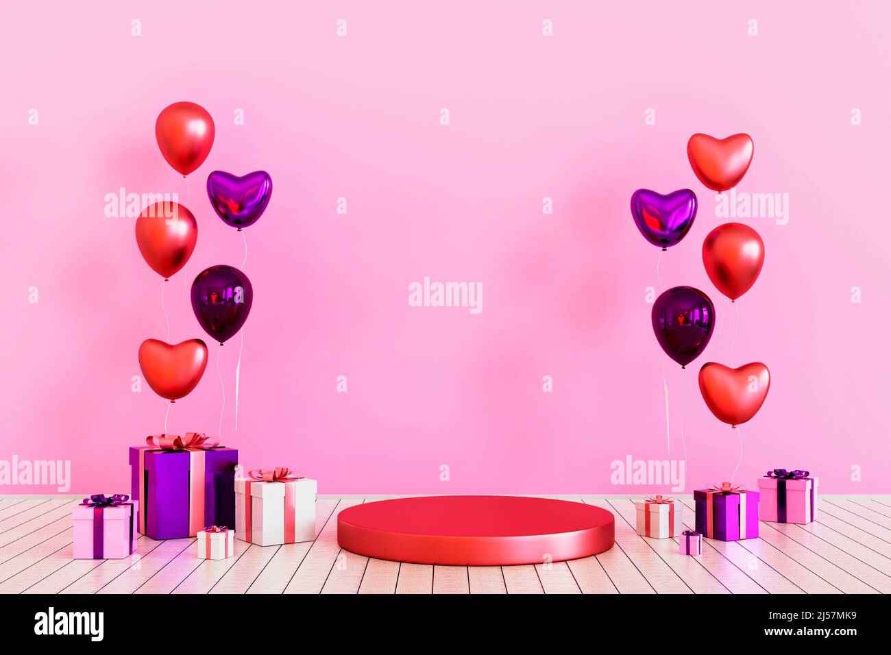 Cylinder podium with hearts and pink gift box and pink balloon pedestal ...