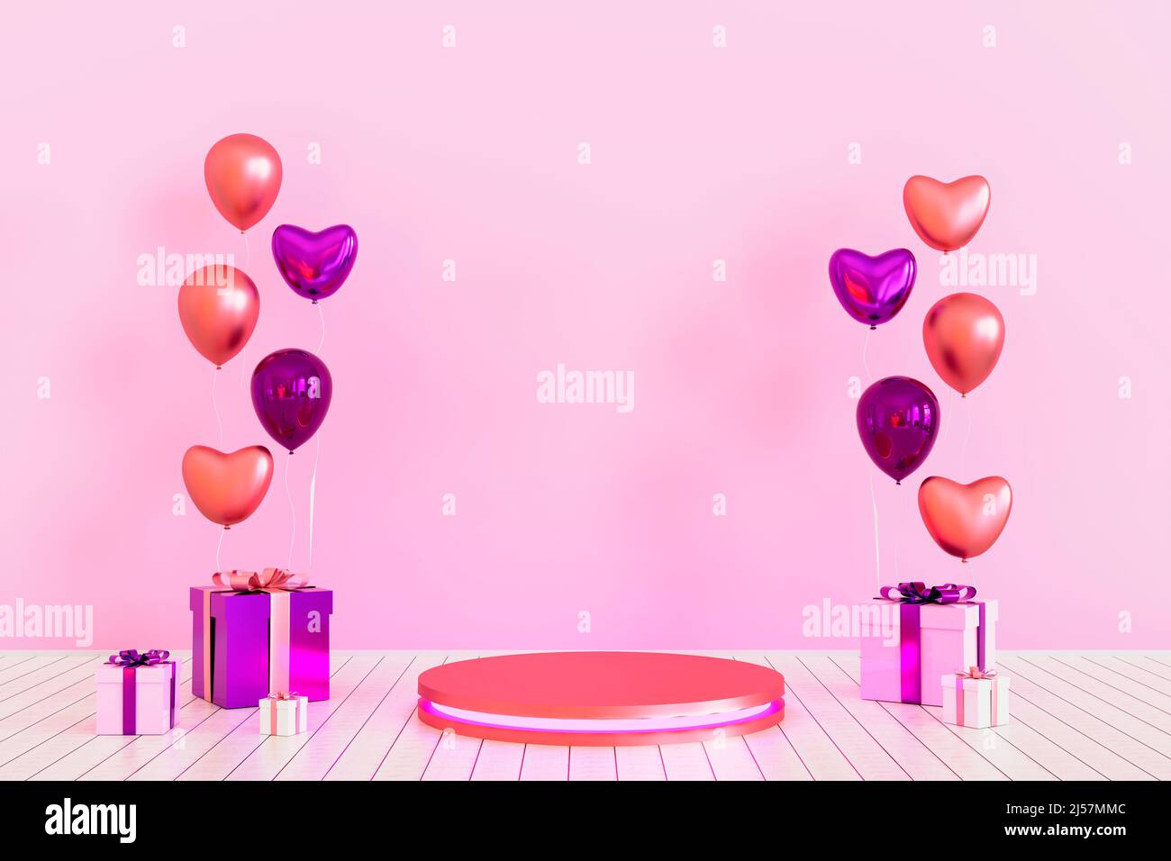 Cylinder podium with hearts and pink gift box and pink balloon pedestal ...