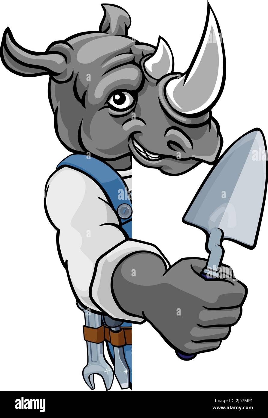 Rhino Bricklayer Builder Holding Trowel Tool Stock Vector
