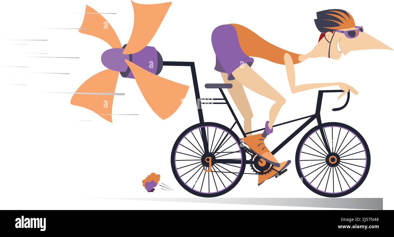 Cartoon man rides a bike isolated. Smiling man in helmet on the bike