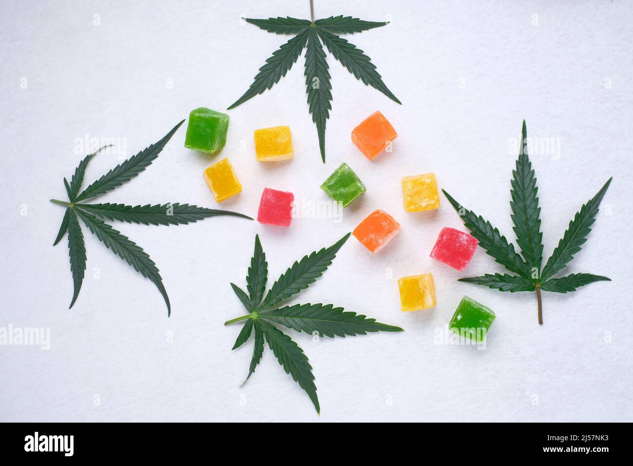 Layout of colorful marmalade and marijuana plant on white textured