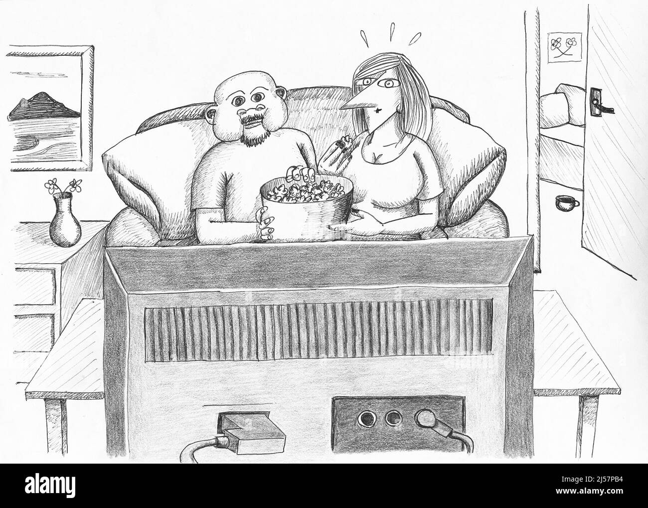 Couple at home, watching TV. Illustration. Stock Photo
