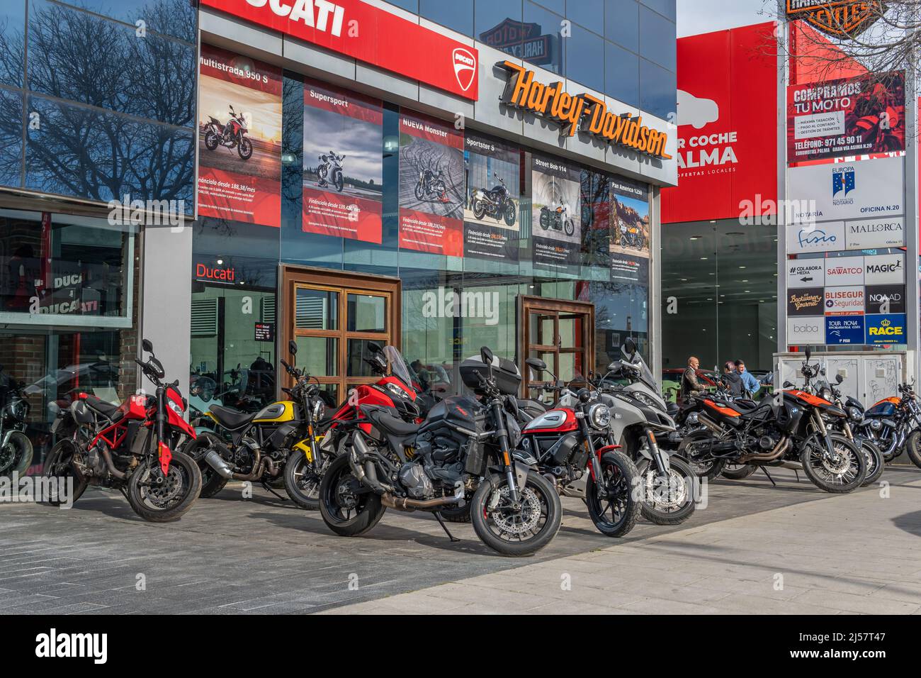 Palma de Mallorca, Spain; april 08 2022: Dealership selling Harley-Davidson and Ducati motorcycles, with motorcycles on display on the outside. Palma Stock Photo