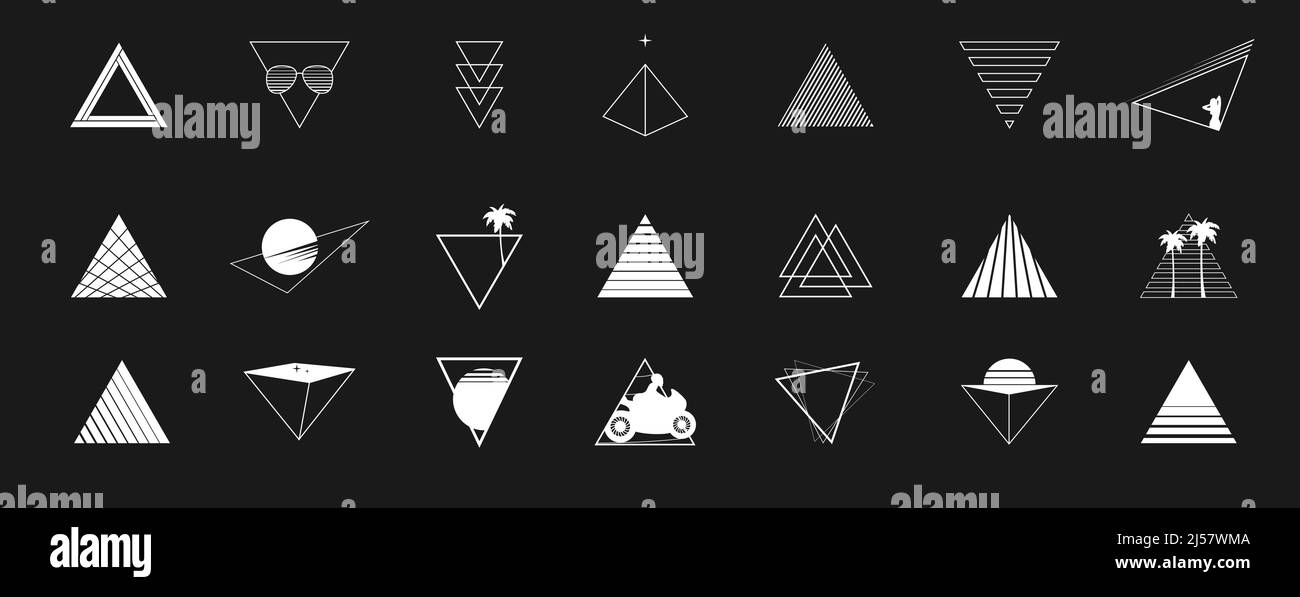 Set of retrowave design elements. Triangle shapes with the sun, palm tree, motorcyclist, sunglasses, pyramid, line style triangles. Pack of retrowave Stock Vector