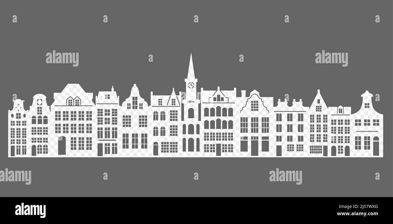 Frame with a cut-out silhouette of an old European city. Dutch houses of Amsterdam. Vector stencil illustration. Stock Vector