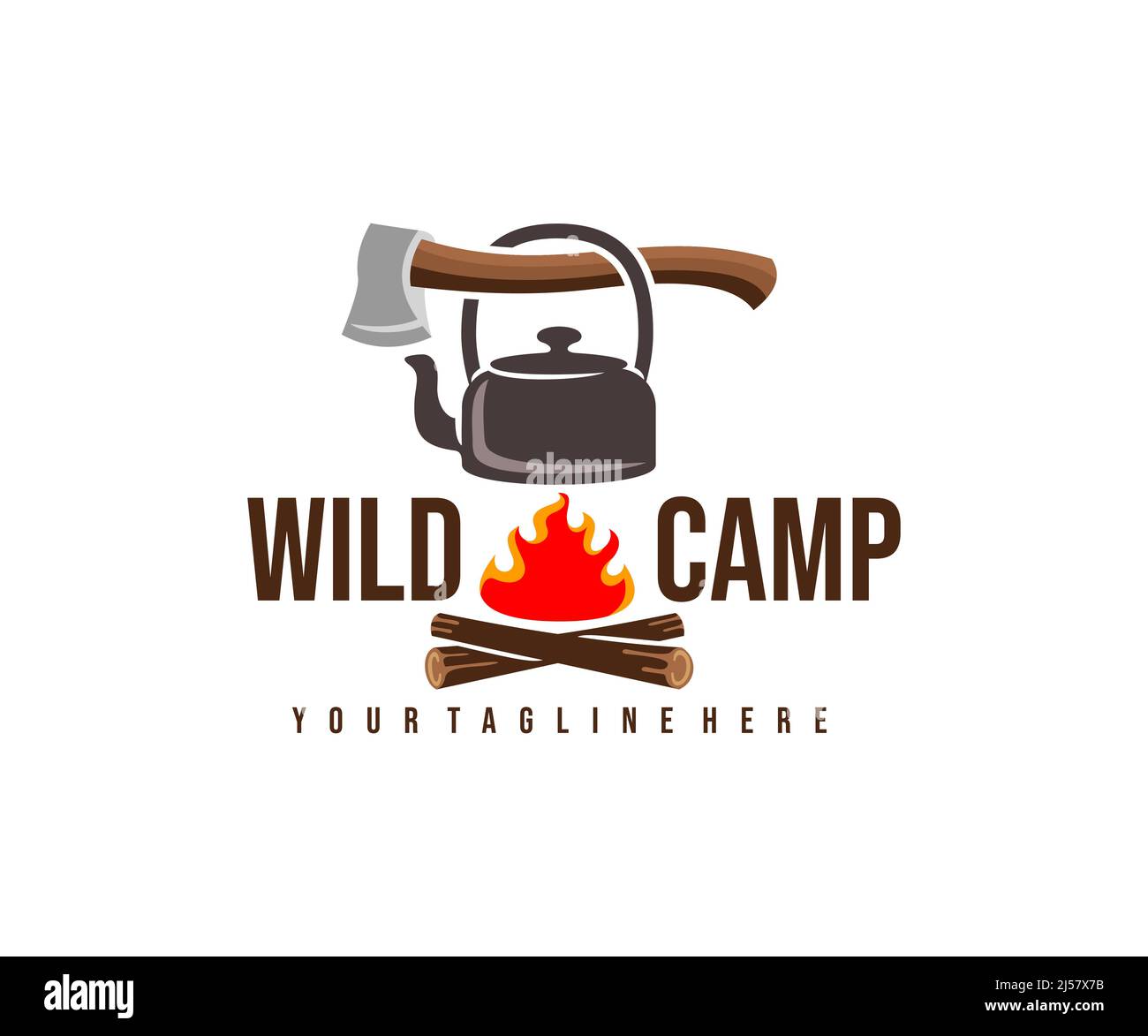 Camping, camp, ax, kettle and bonfire with fire, logo design. Hiking
