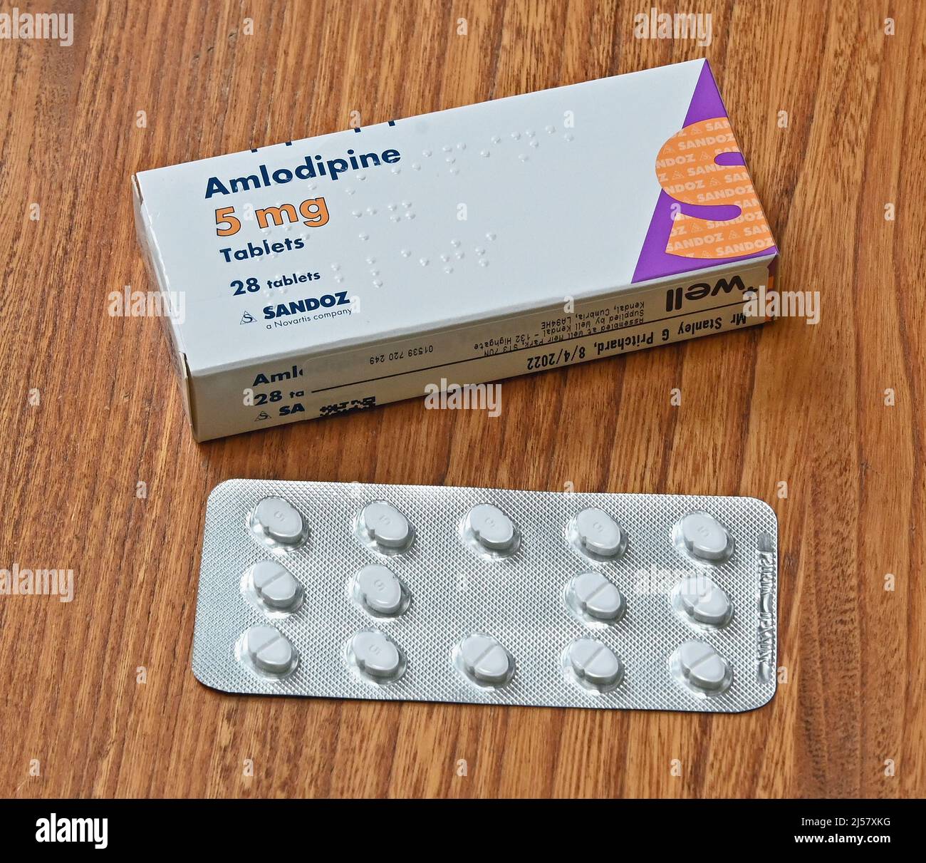 Photograph of Pack of Amlodipine 5mg Tablets. 28 tablets. Sandoz a Novartis company. Stock Photo