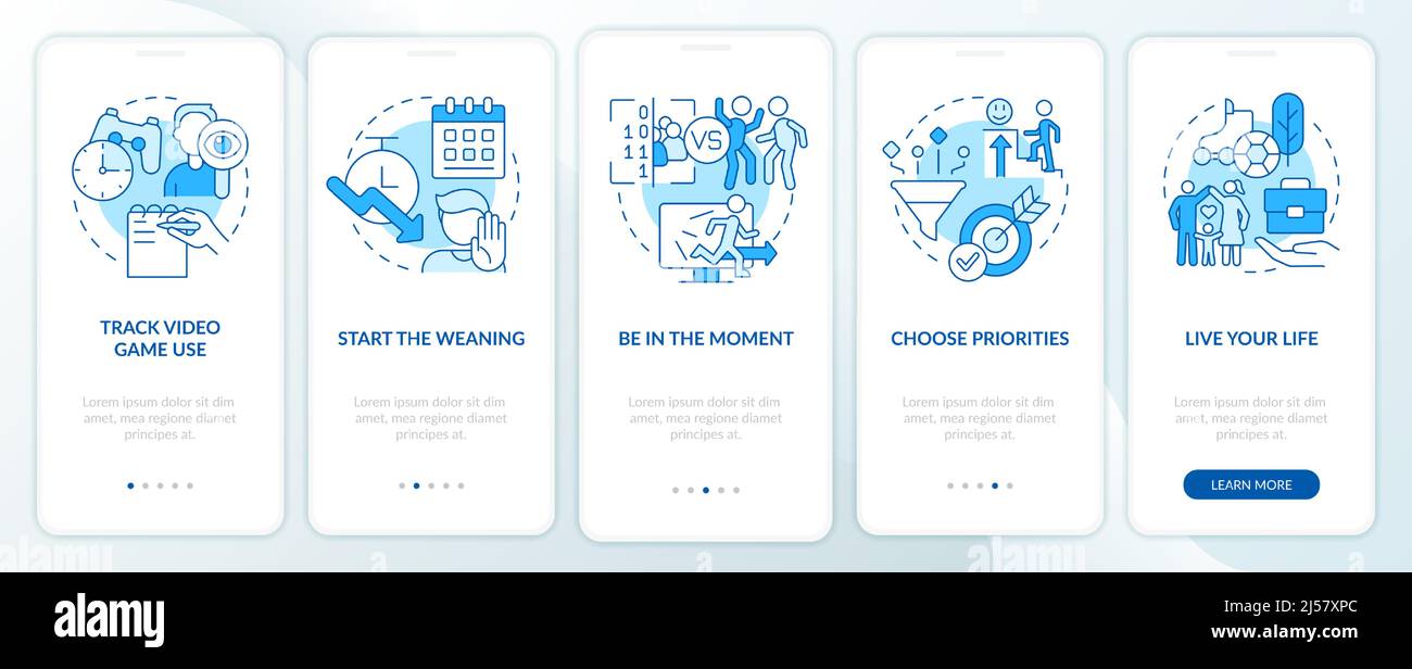 Coping With Gaming Addiction Blue Onboarding Mobile App Screen Stock