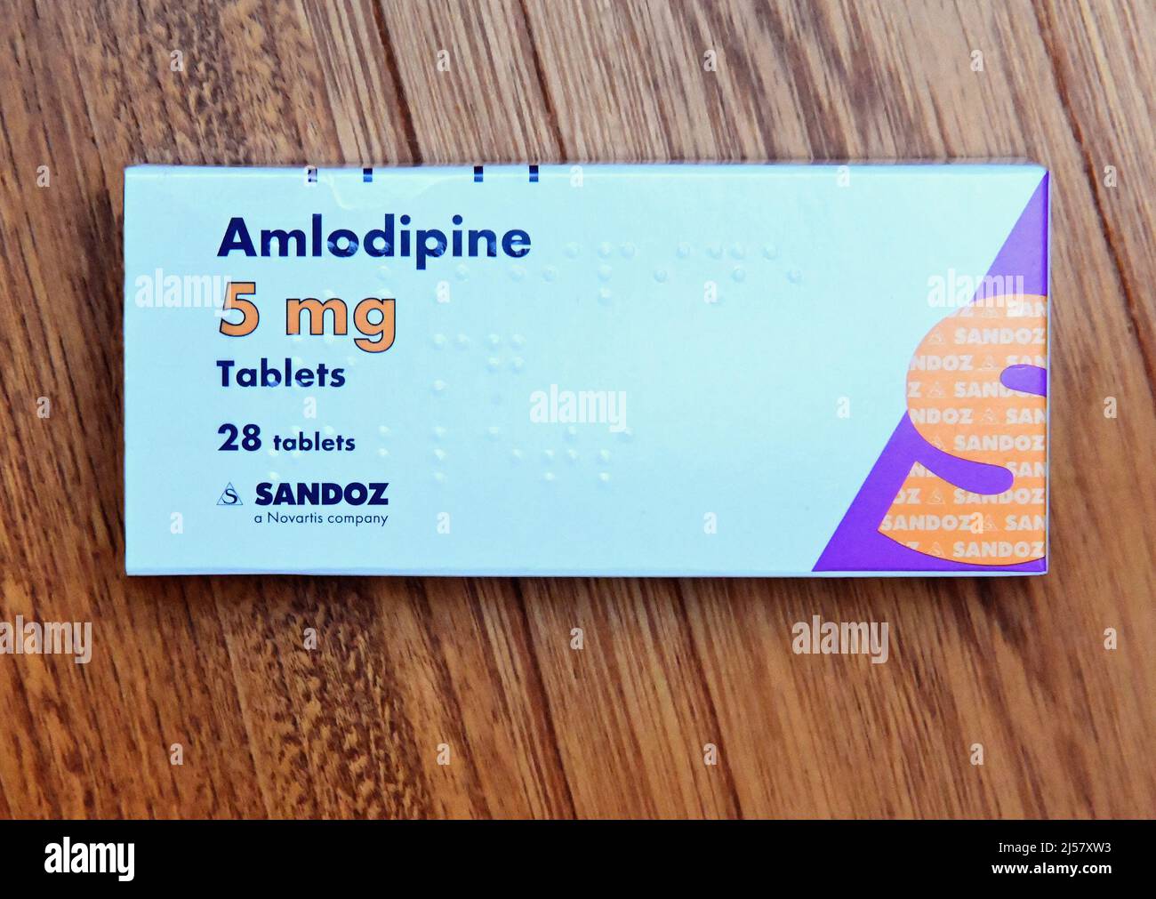Photograph of Pack of Amlodipine 5mg Tablets. 28 tablets. Sandoz a Novartis company. Stock Photo