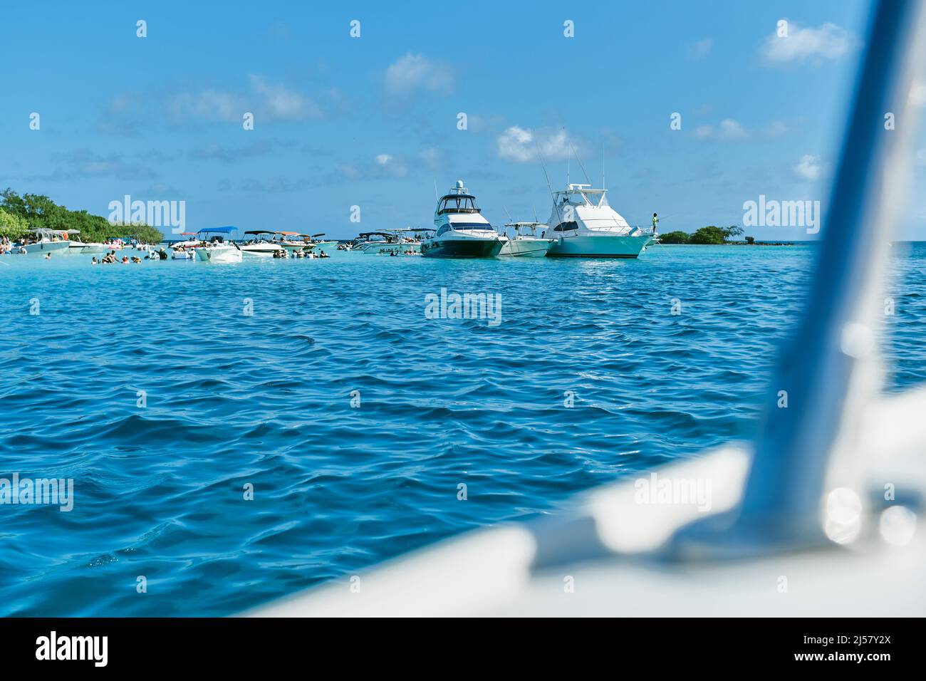 Yachts in turquoise waters in Cayo Sombrero, Morrocoy National Park, Venezuela. life concept with copy space. Stock Photo