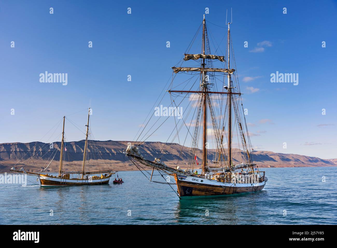 Sailing ships Hildur and Opal in Hurry Fjord, Scoresby Sound, east Greenland Stock Photo