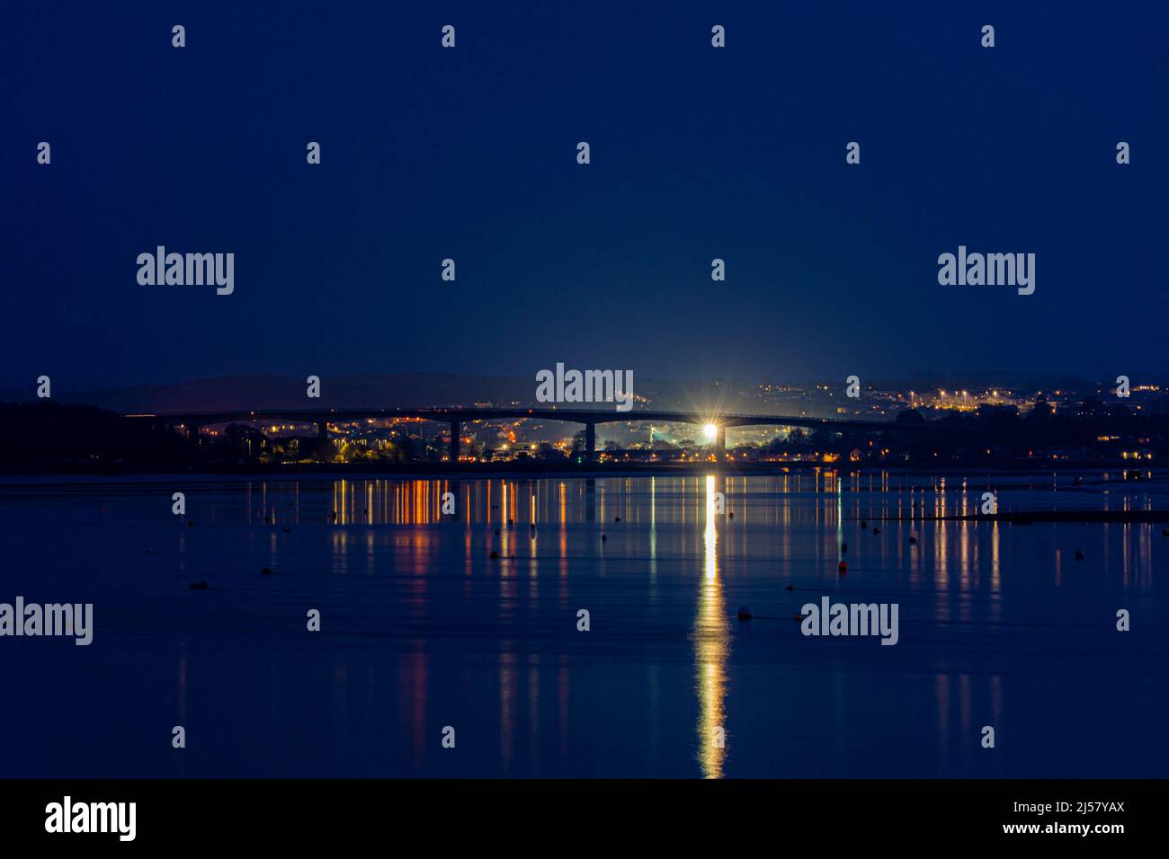 Bideford Motorway Bridge in Evening Moonlight Dark Blue Background Stock Photo