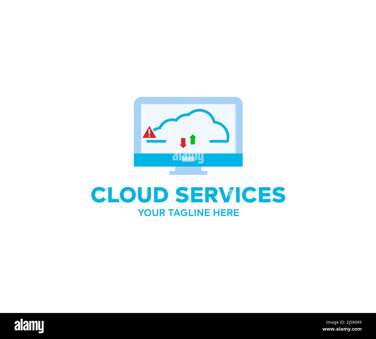 Cloud computing technology and online data storage logo design. Computer connects to internet server service for cloud data vector design. Stock Vector