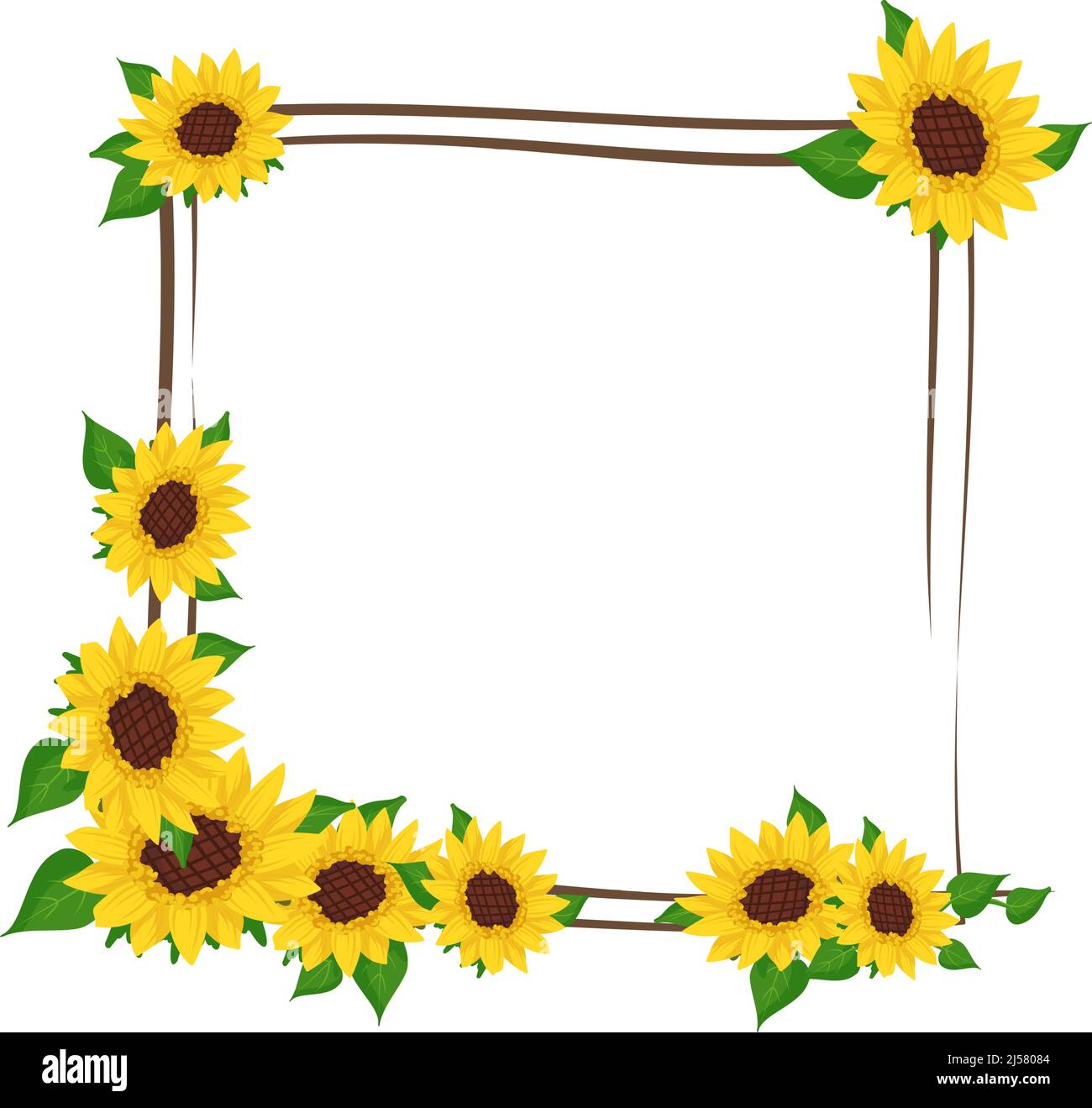 Yellow sunflower wreath with green leaves. Square frame, cute bright ...