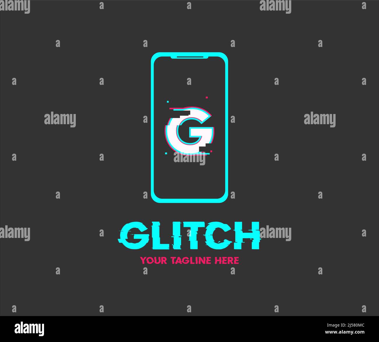 Futuristic digital Glitch app logo design. Glitched nightlife tech lines, neon gliich effect, abstract digital elements vector design and illustration. Stock Vector