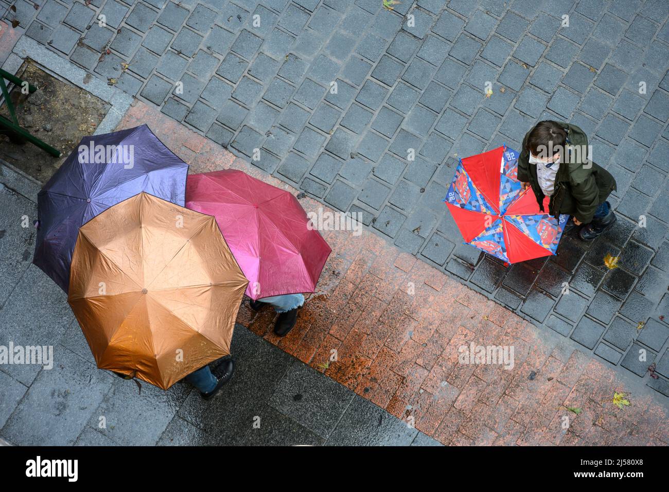 Groups of people talking  under umbrellas on a rainy day in Madrid, Spain. Stock Photo