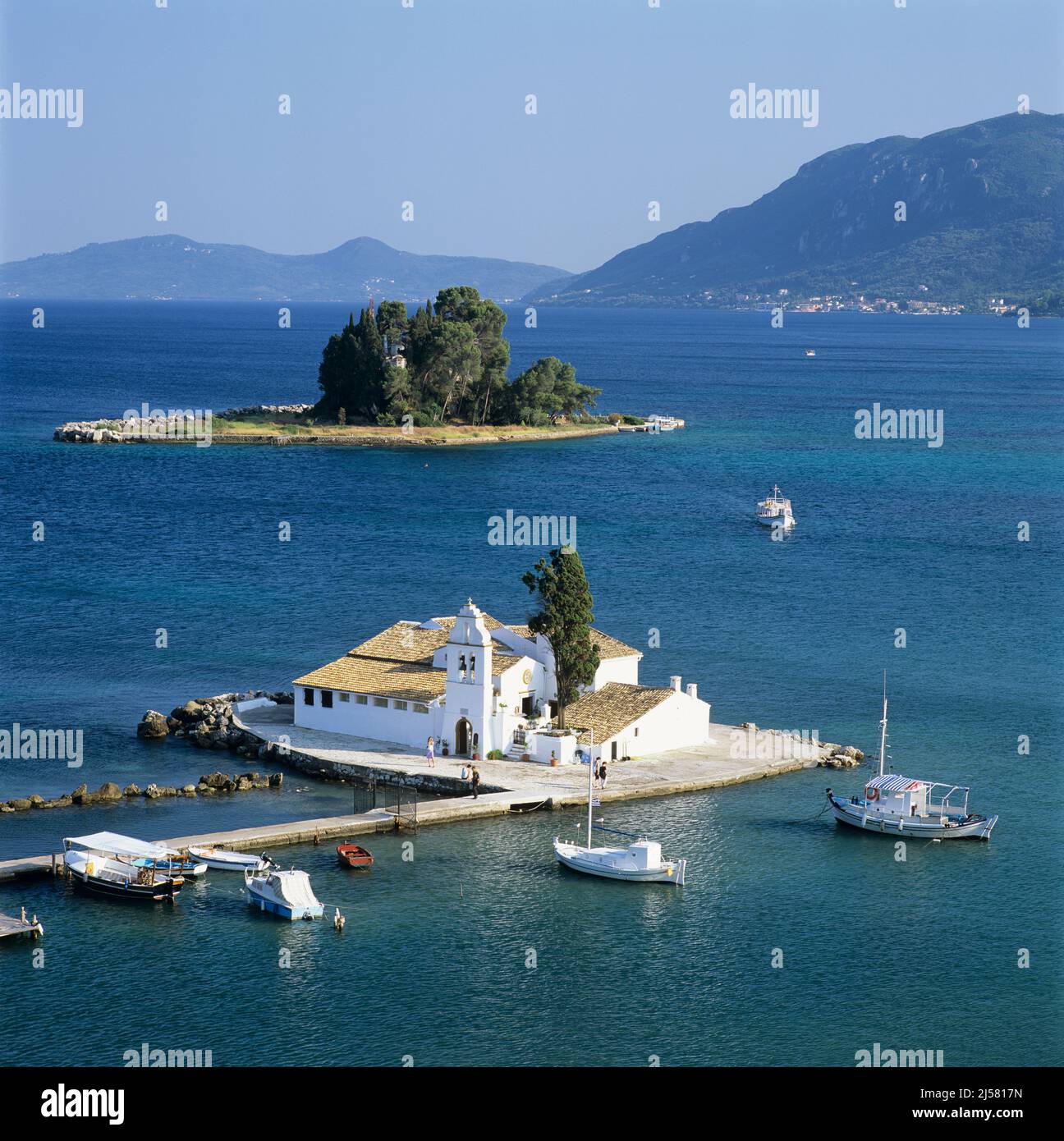Holy Monastery of the Virgin Mary of Blachernae and Mouse Island, Corfu Town, Corfu, Ionian Islands, Greek Islands, Greece, Europe Stock Photo
