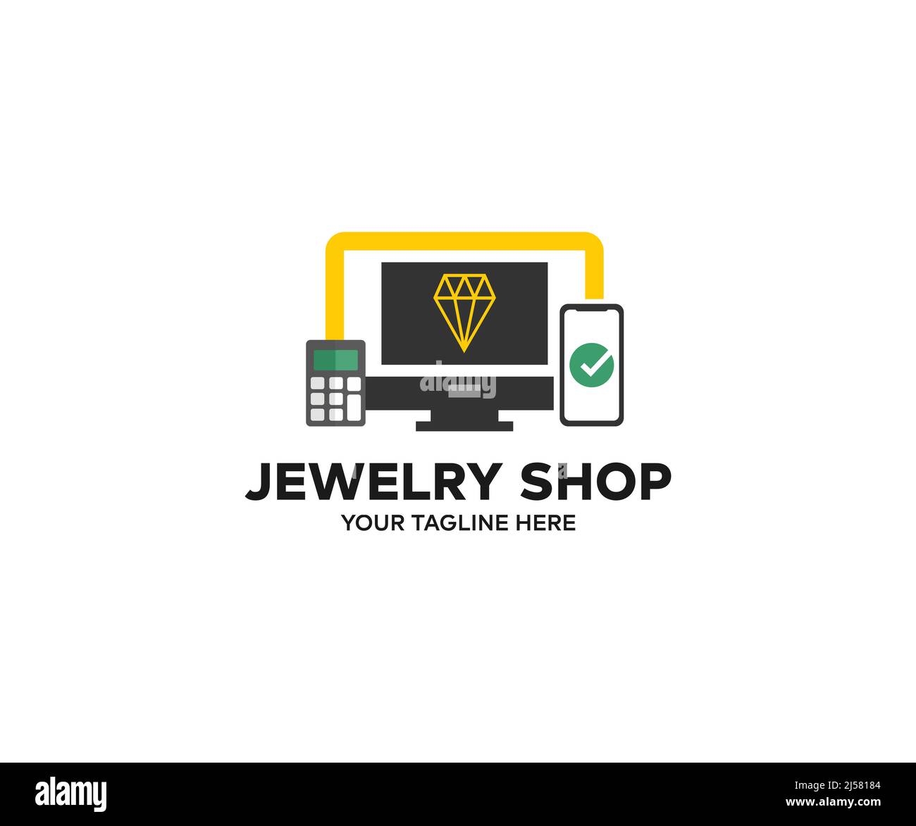 Online Jewelry shop showcase logo design. Diamond shop with rings and necklaces luxury retail store window display vector design and illustration. Stock Vector
