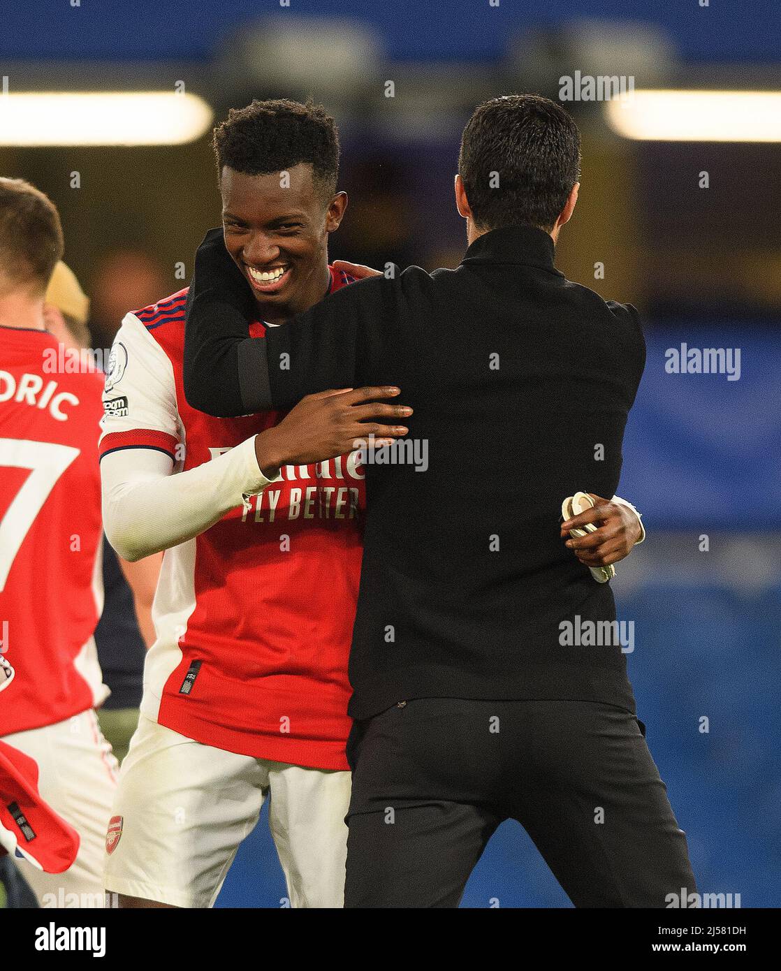 20 April 2022 - Chelsea v Arsenal - Premier League - Stamford Bridge  Arsenal Manager Mikel Arteta celebrates victory with Eddie Nketiah after the Premier League match at Stamford Bridge, London. Picture Credit : © Mark Pain / Alamy Live News Stock Photo