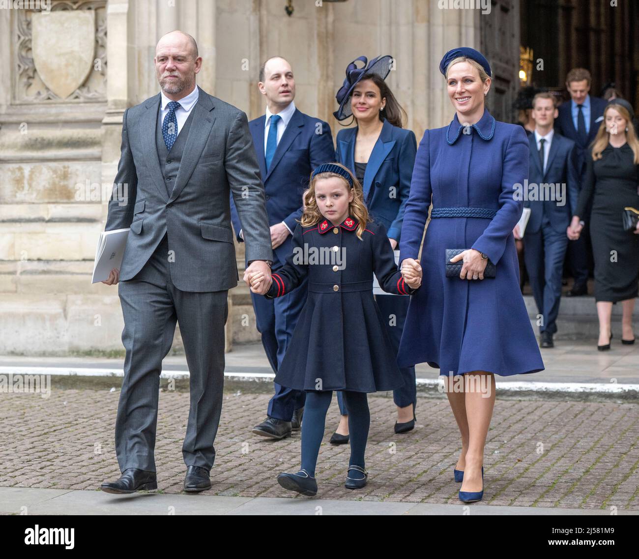 London, UK. 29 March, 2022. Zara Tindall, Mike Tindall and daughter Mia