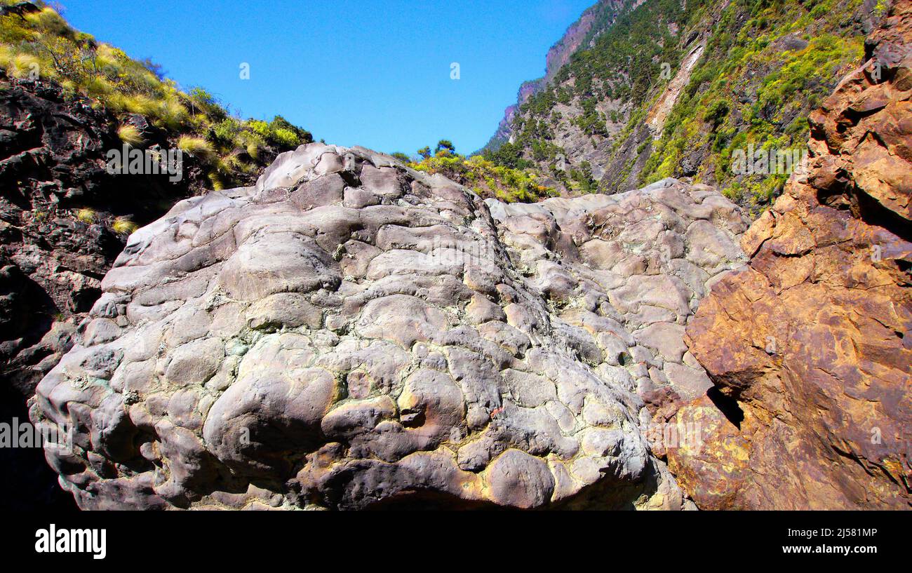Pillow-lavas, Barranco de las Angustias, Taburiente River, Caldera de Taburiente National Park, Biosphere Reserve, ZEPA, LIC, La Palma, Canary Islands Stock Photo