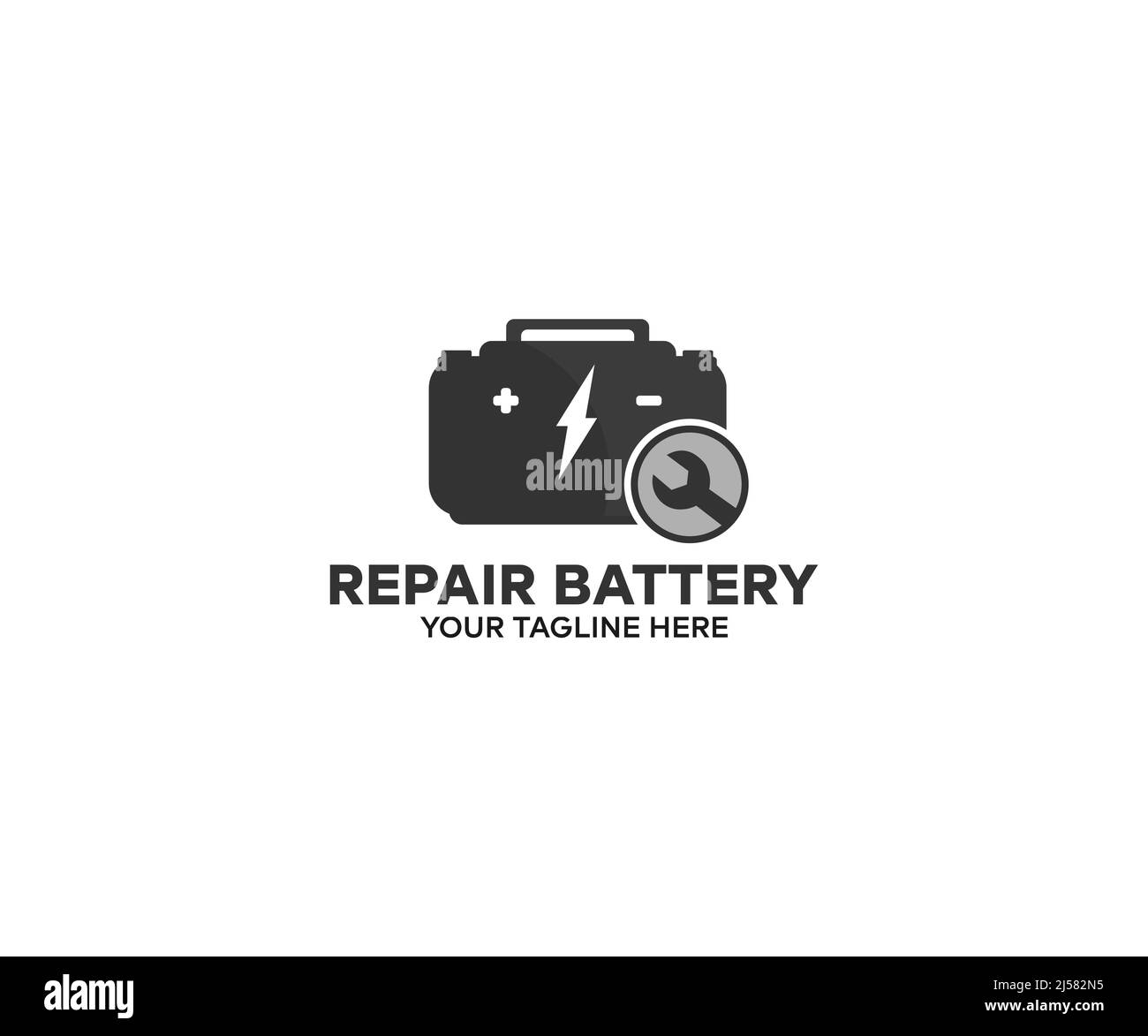 Repair and installation of the auto battery logo design. High-voltage battery of an electric vehicle with an open top cover. EV repair concept vector Stock Vector