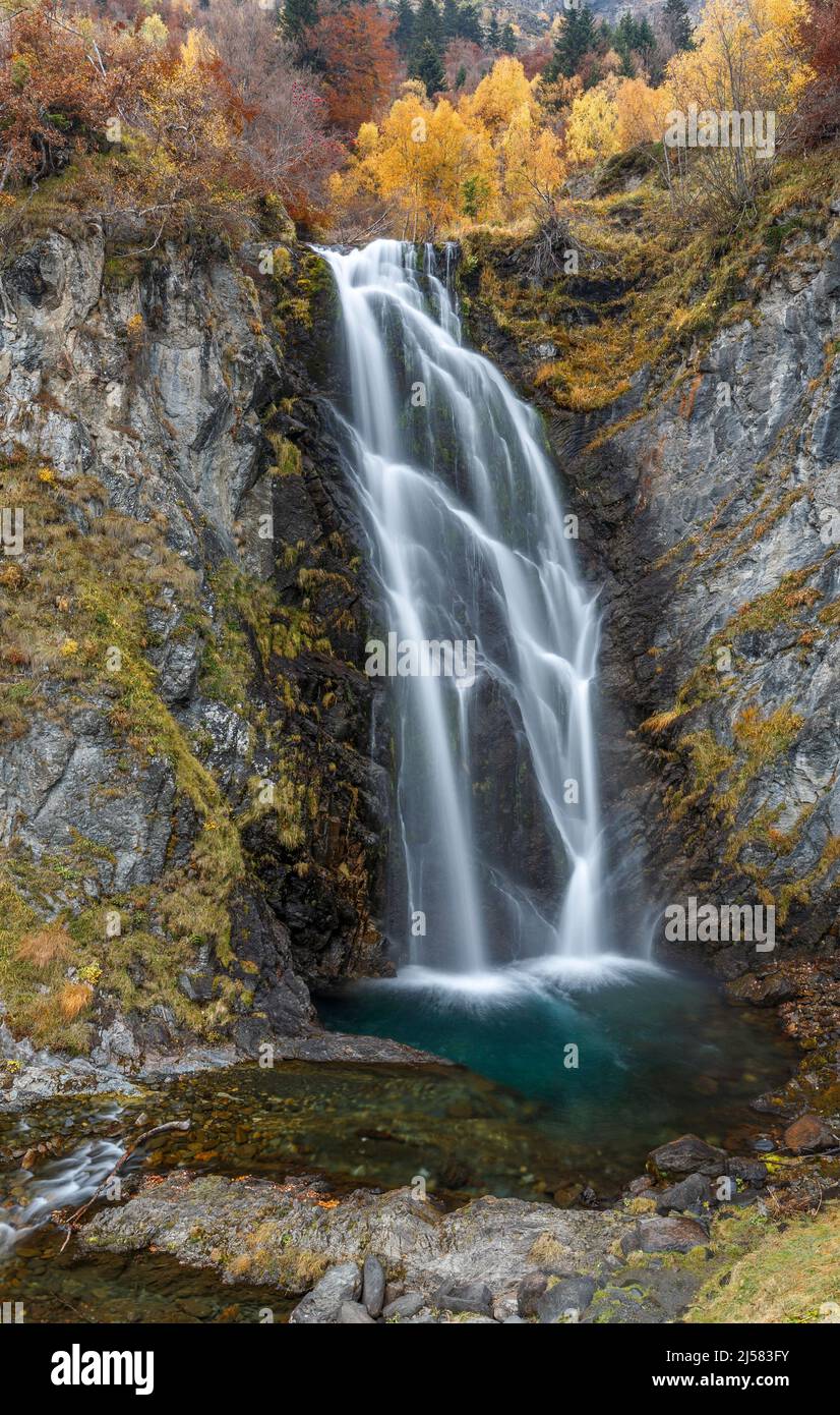 Saut deth pish waterfall, Varrados valley, Pyrenees, Spain Stock Photo