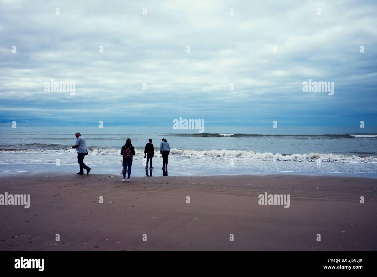 A family on Barmouth beach at low tide on an overcast day Stock Photo