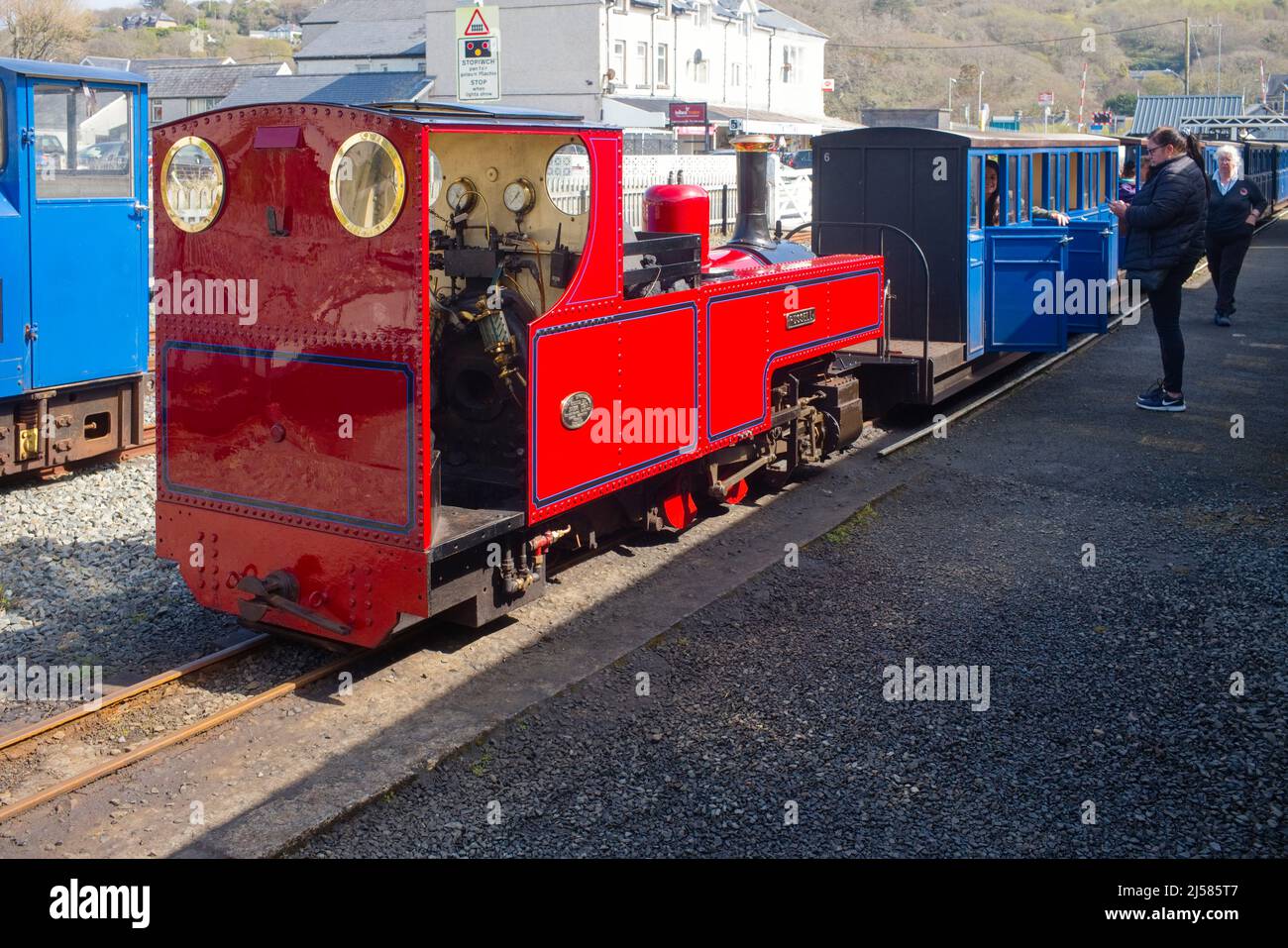 Steam locomotive Russel on the narrow guage railway at Fairbourne in North Wales Stock Photo