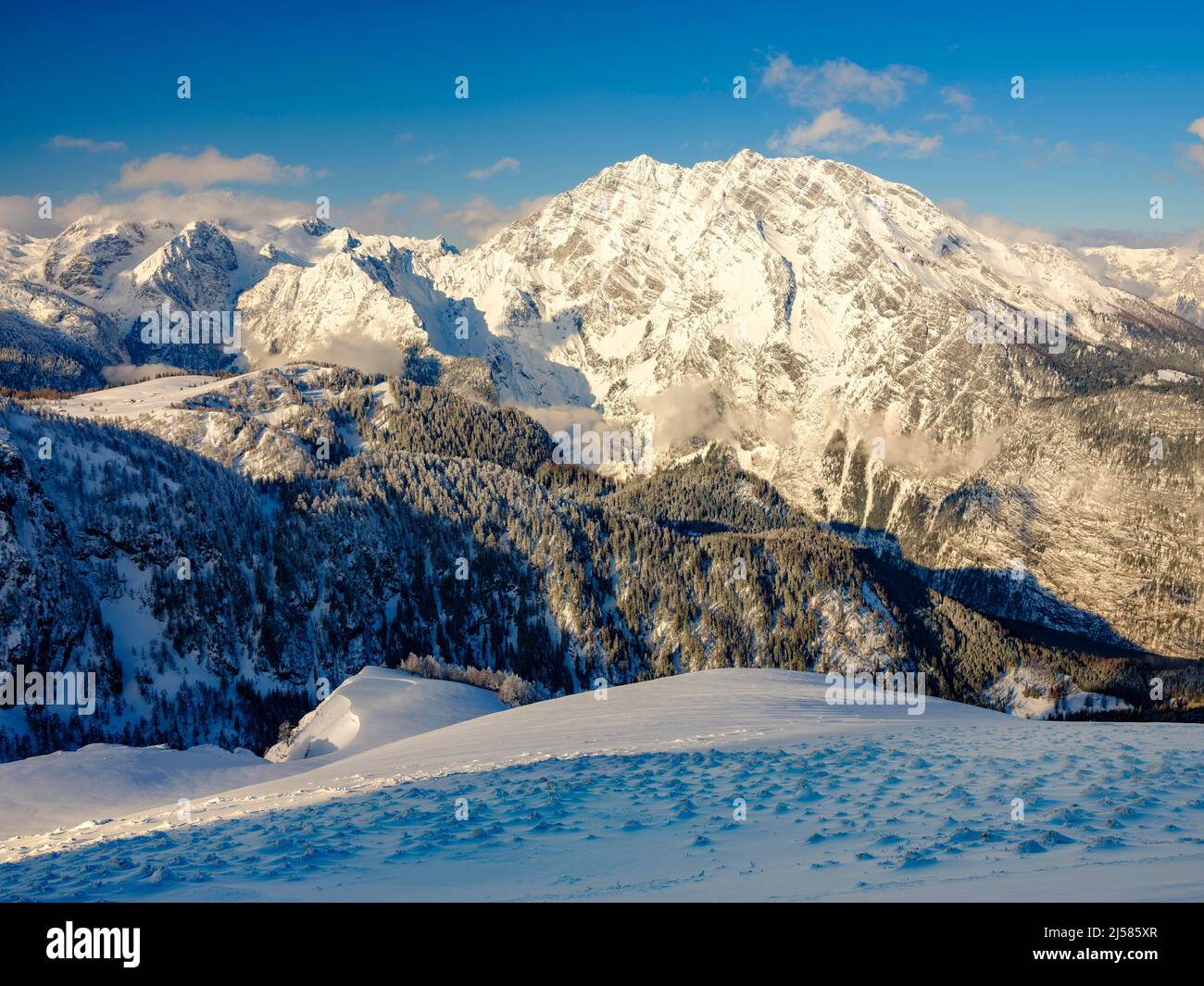 Snowy Watzmann East Face, Berchtesgaden Alps, Berchtesgaden National Park, Schoenau am Koenigssee, Berchtesgadener Land, Upper Bavaria, Bavaria Stock Photo