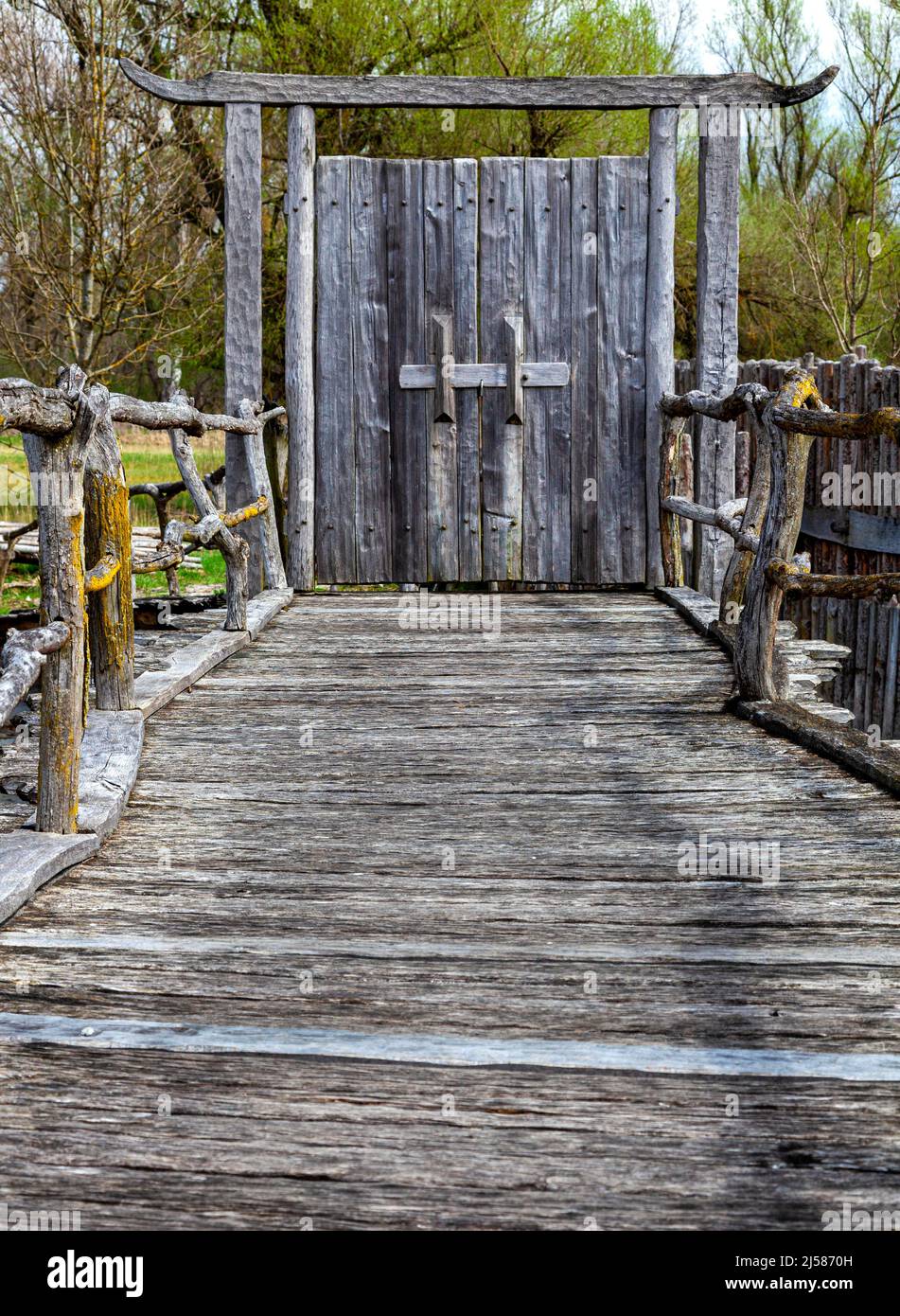 Wooden gate at the entrance to the pile village in Unteruhldingen on