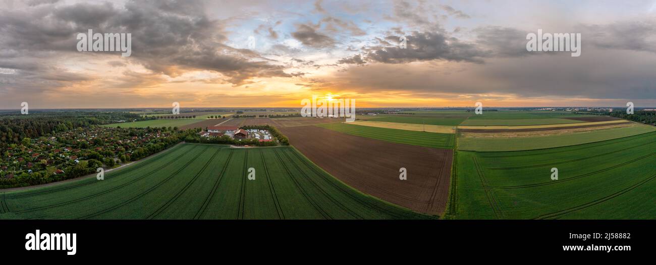 Fields in the sunset. Aerial panorama photo of an idyllic farming ...