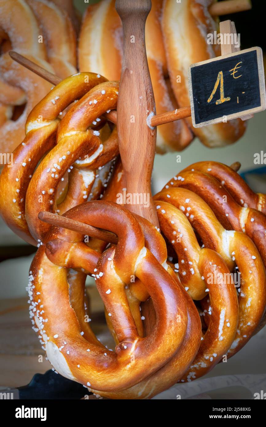 Close up of traditional german bread (bretzels) for sale in a bakery