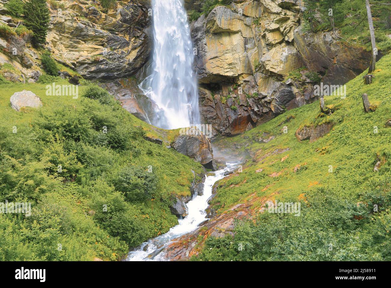 Waterfall Saas Grund, Saas Grund, Canton Valais Switzerland Stock Photo