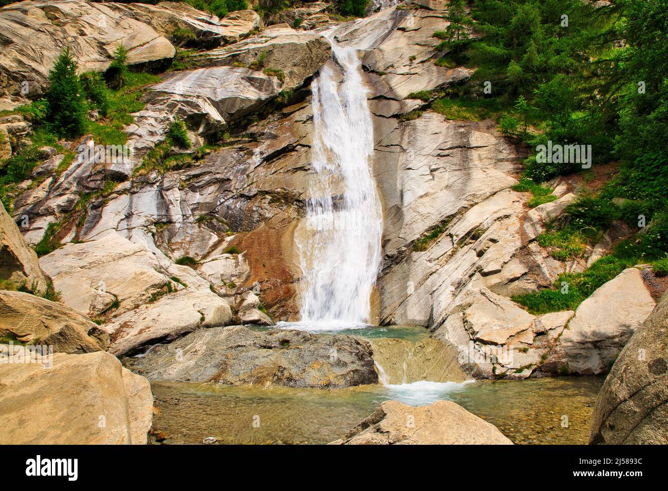 Waterfall Saas Grund, Saas Grund, Canton Valais Switzerland Stock Photo