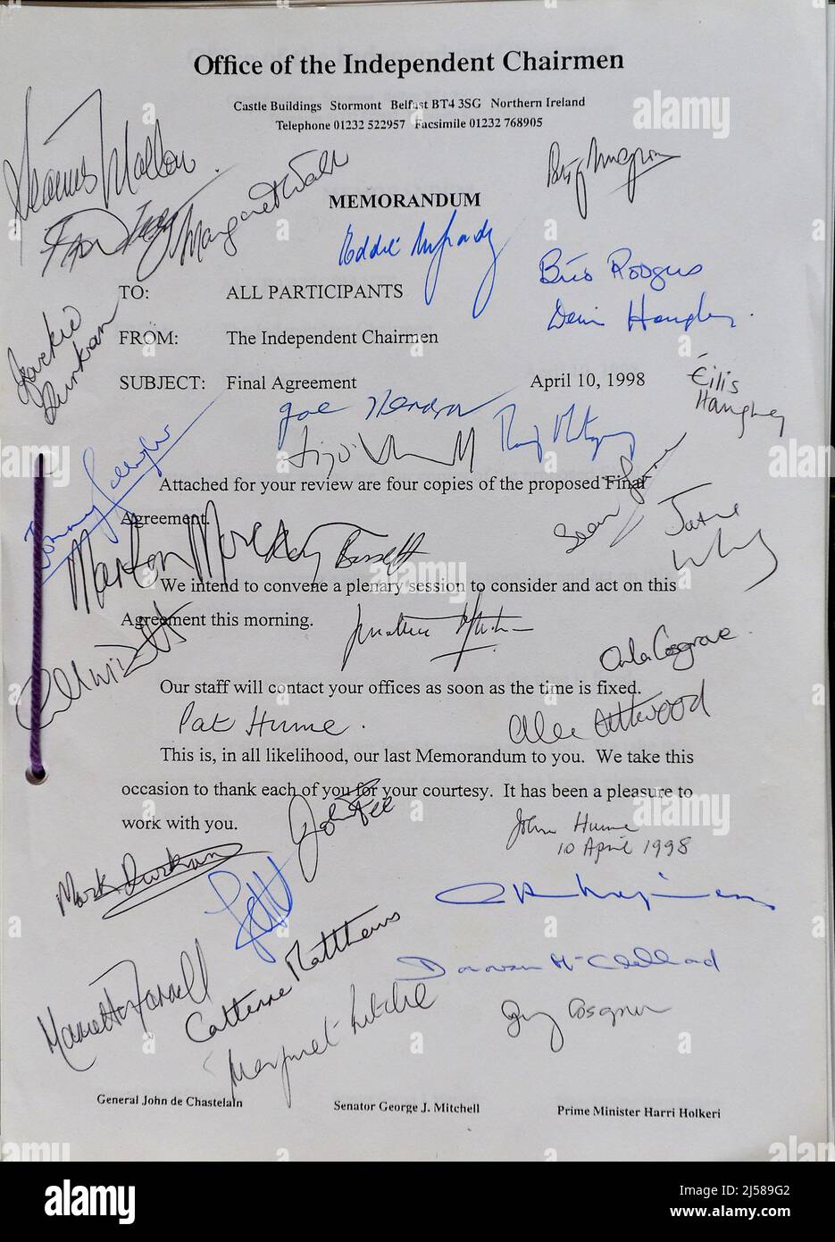 A copy of the Good Friday Agreement dated April 10 1998 signed by nationalist Social Labour and Democratic (SDLP) negotiators and members. ©George Sweeney / Alamy Stock Photo Stock Photo